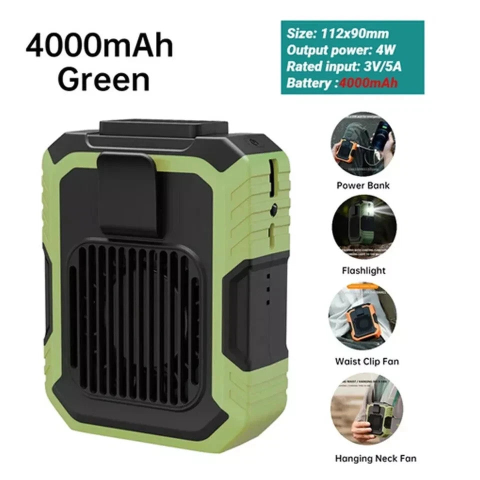 4000mAh Portable Waist Clip Fan Hanging Cooling USB Rechargeable Power Bank