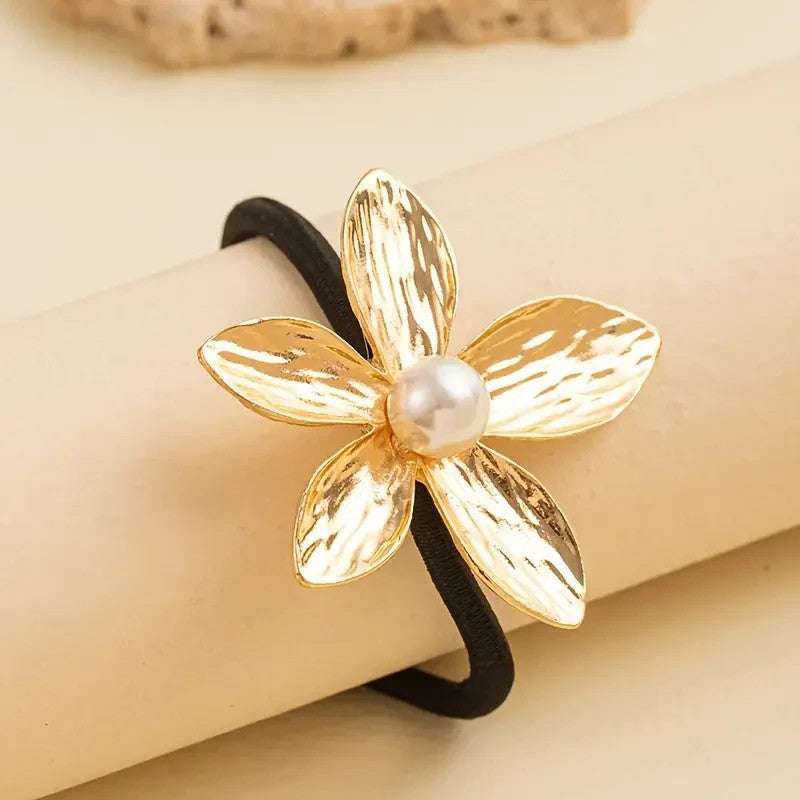 Lot de 3 Élastiques à Cheveux Élégants avec Fleurs Dorées, cheveu coiffure métal