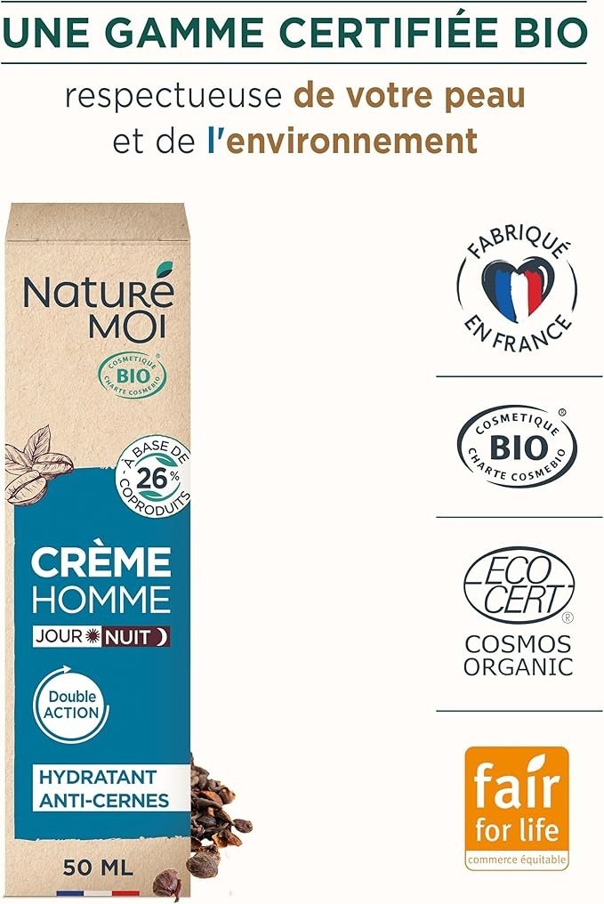 Crème Visage jour et nuit homme Naturé moi bio hydratant anti-cernes 50ml tube