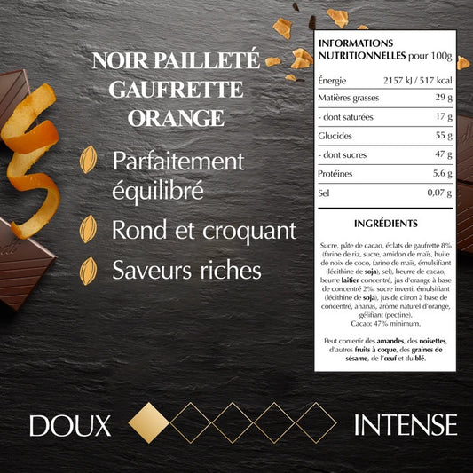 Tablette de Chocolat noir croquant orange gaufrette pailleté LINDT de 100g