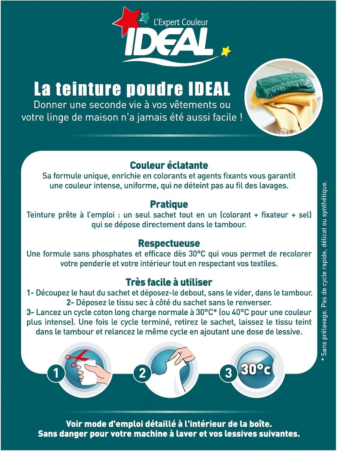 Ideal Teinture Textile Tout en un 230 g Émeraude - colorant raviveur de couleur