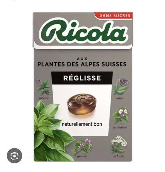1 Boite Ricola Réglisse bonbons sans sucres  50 Grammes