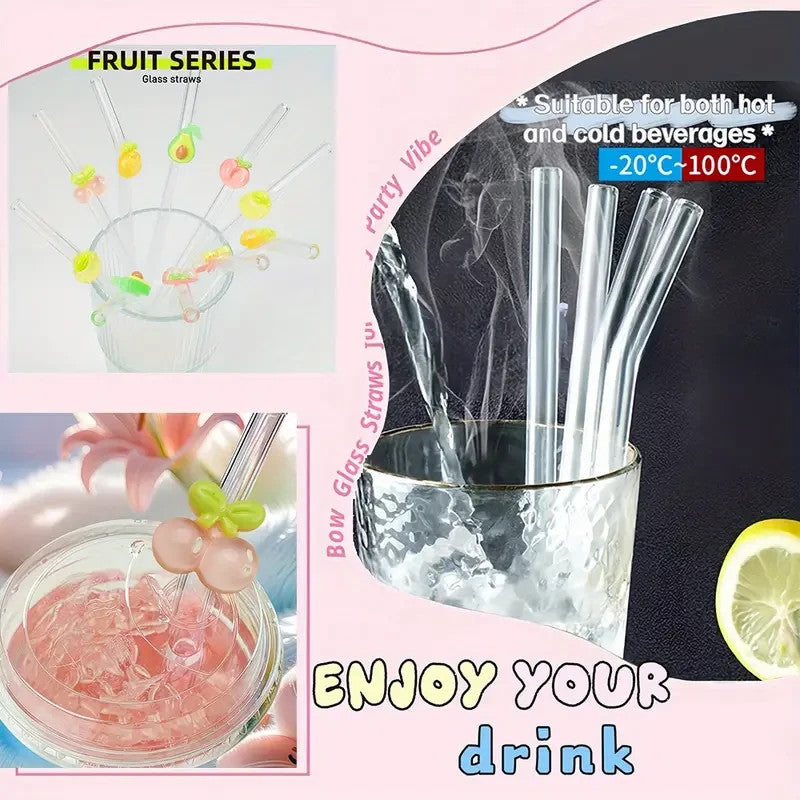 5 pailles en verre motif fruits colorés + 2 goupillons aesthétic classe