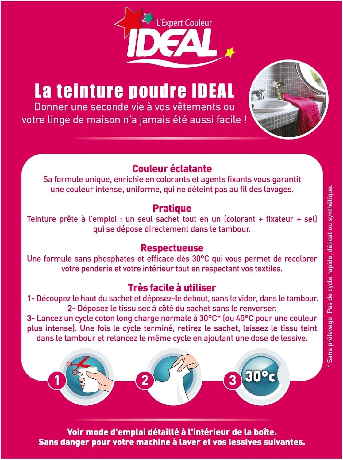 Ideal Teinture Textile Tout en un 230 g fushia- colorant pour vêtements