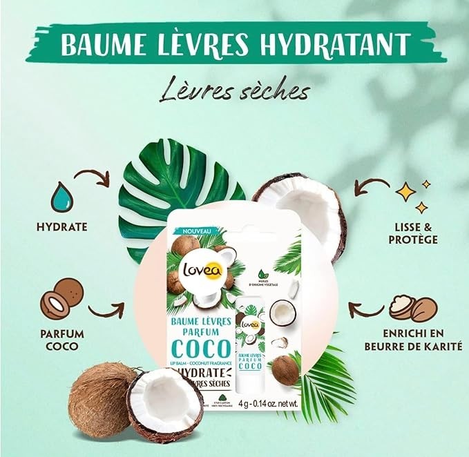 LOVEA - Baume À Lèvres - Parfum noix de coco - Apaise, Nourrit & Adoucit