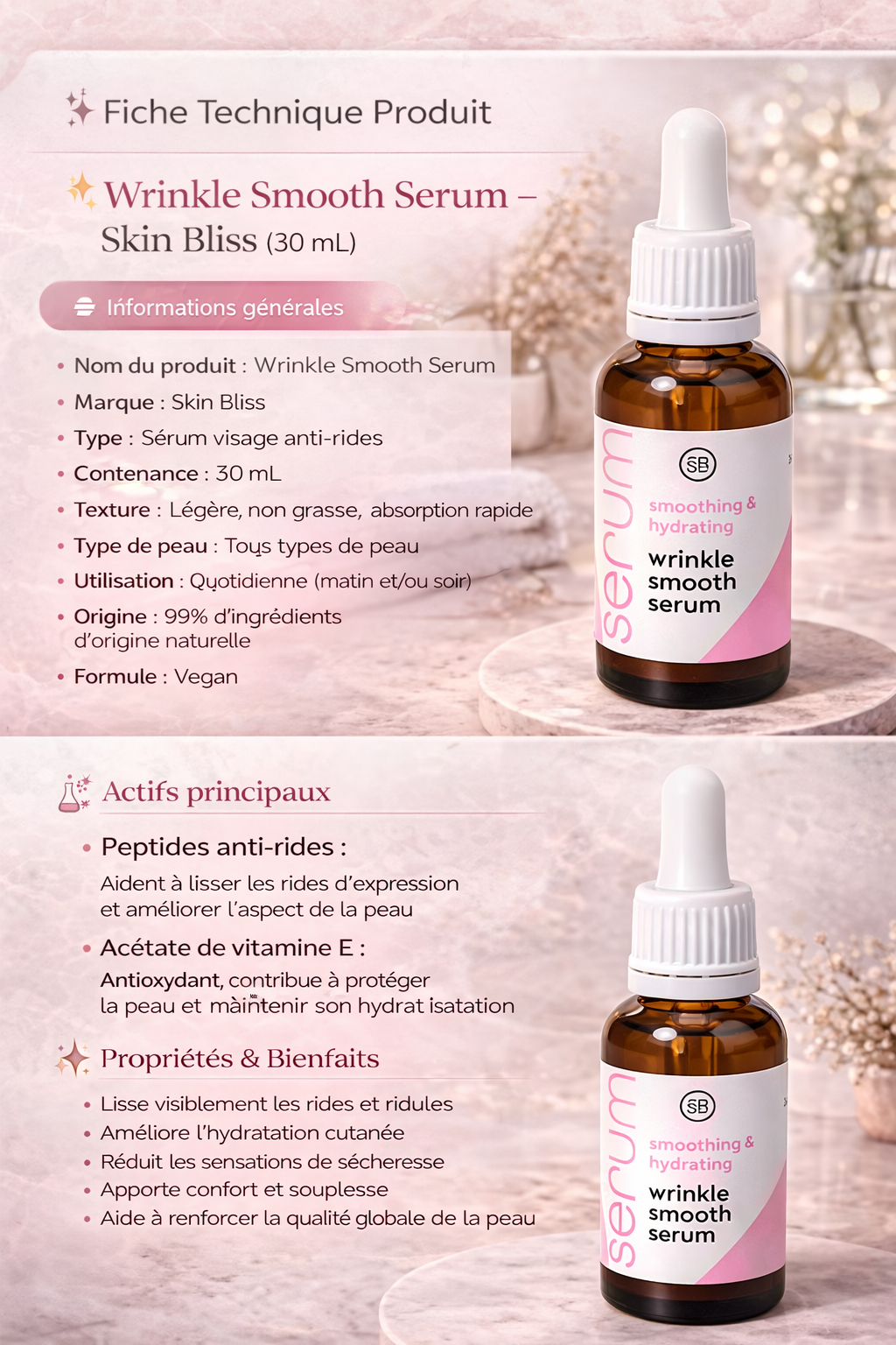 Skin Bliss Wrinkle Smooth Serum Anti-Rides Peptides Vitamine E 30ml