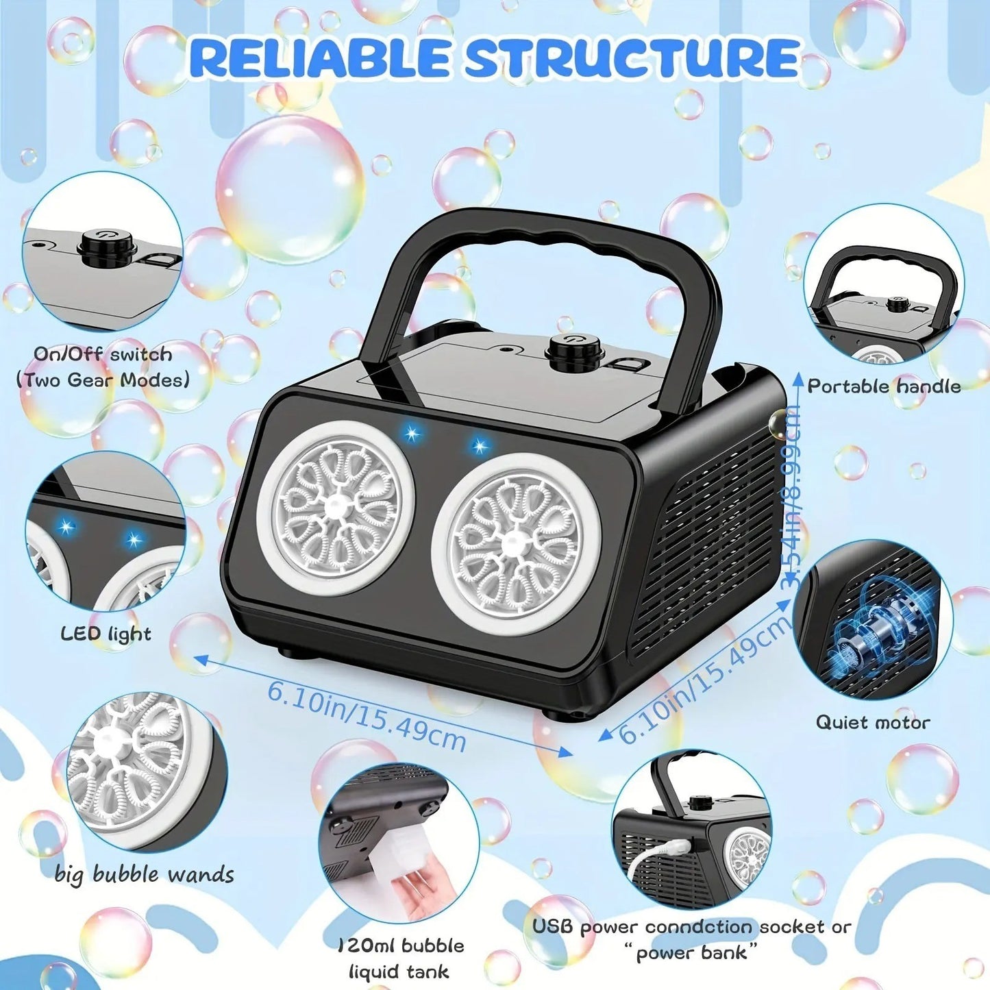 Automatic Bubble Machine Upgrade Bubble Blower w/2 Fans, Portable Bubble Maker