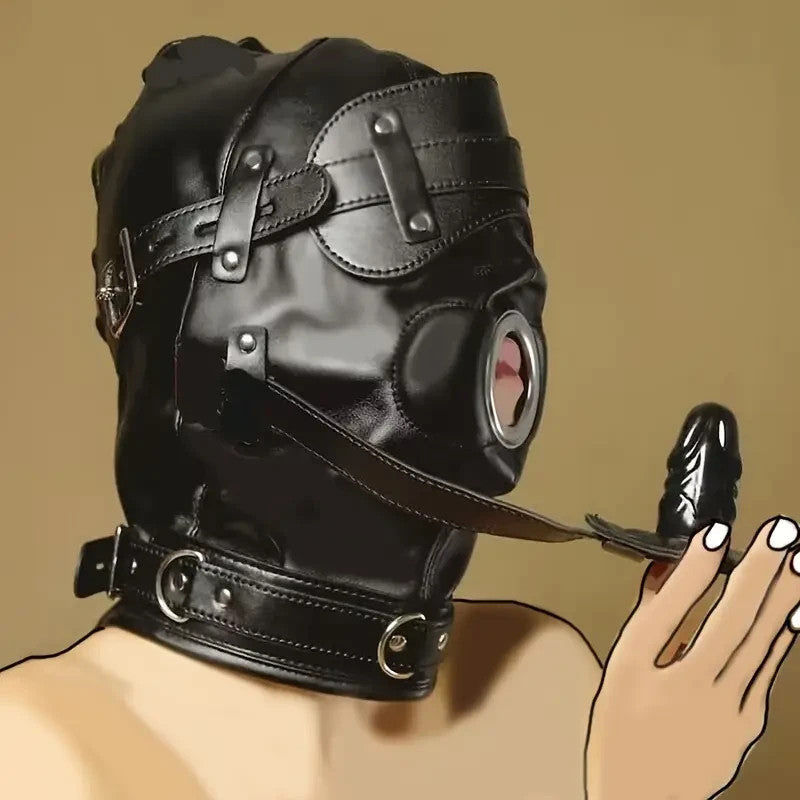 Masque BDSM avec cagoule et gag de bouche amovible + gode ceinture