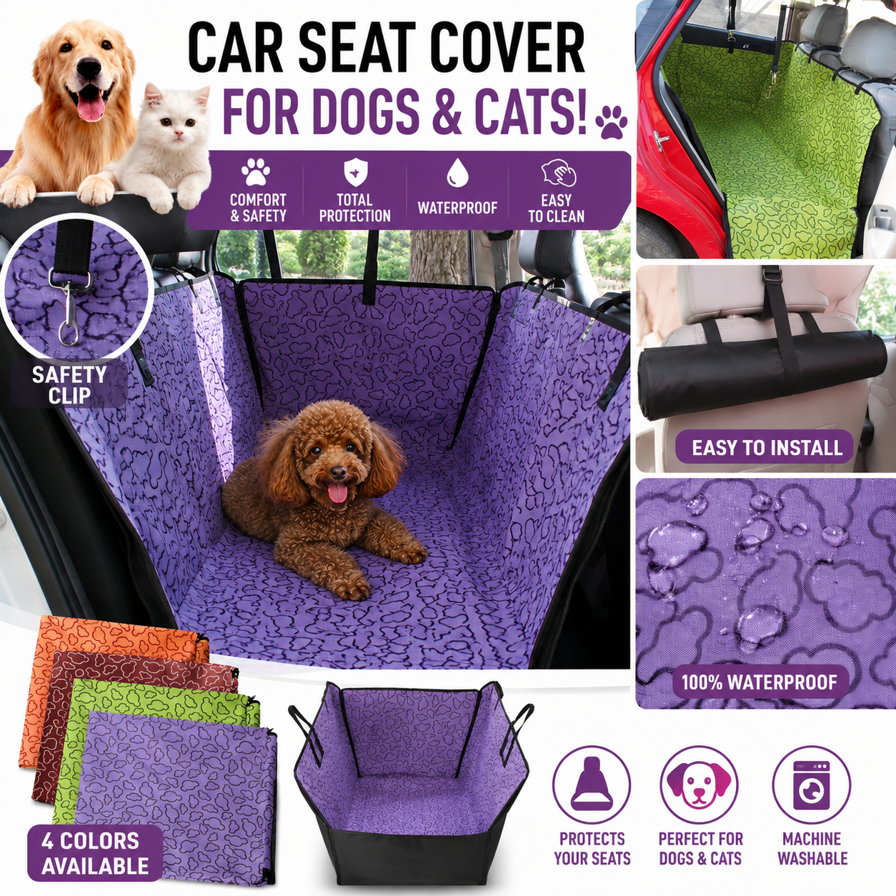 Waterproof Dog Car Seat Cover Rear Back Seat Protector Hammock Mat for SUV Car