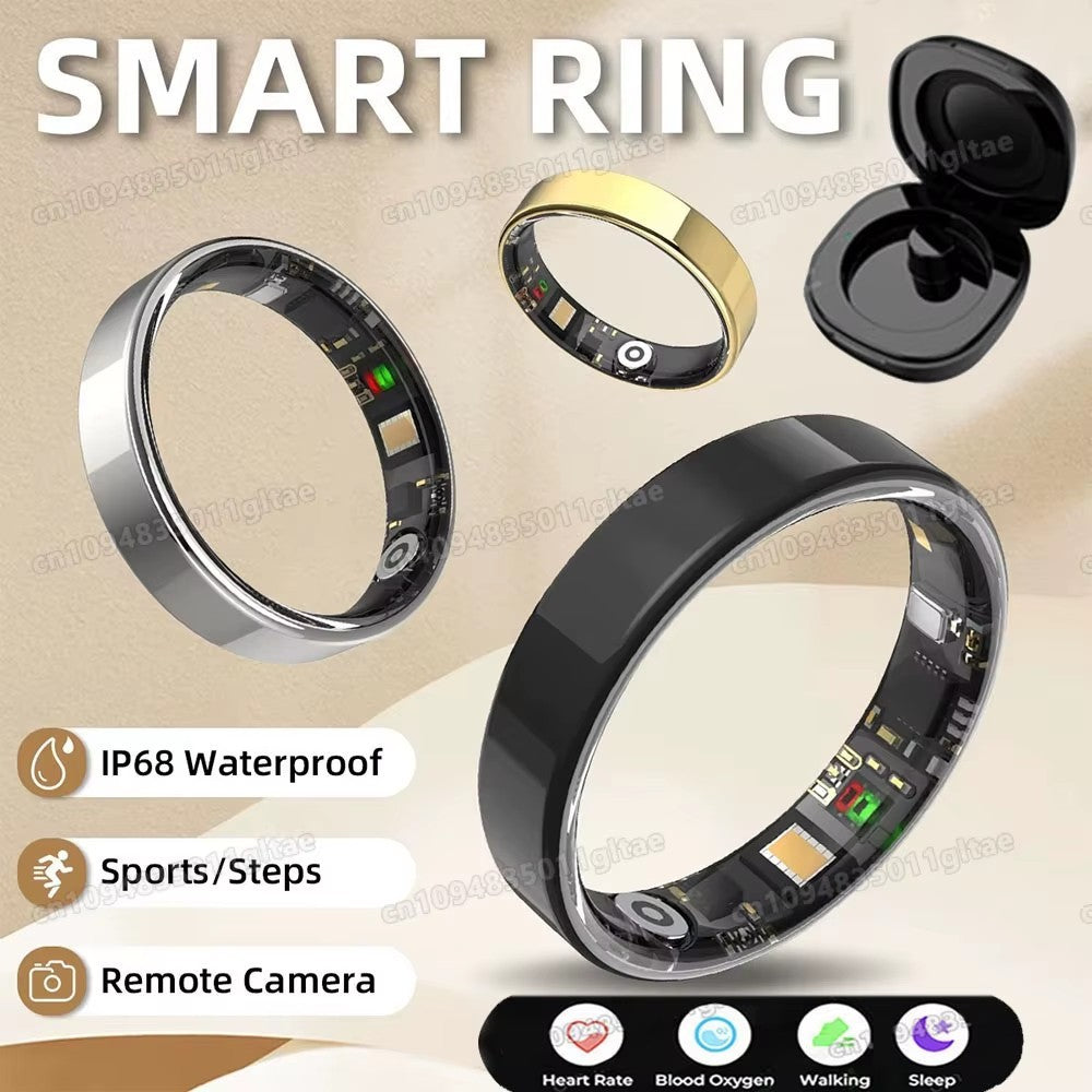 Smart health ring with crystal charging case, tracks activity, sleep & motion