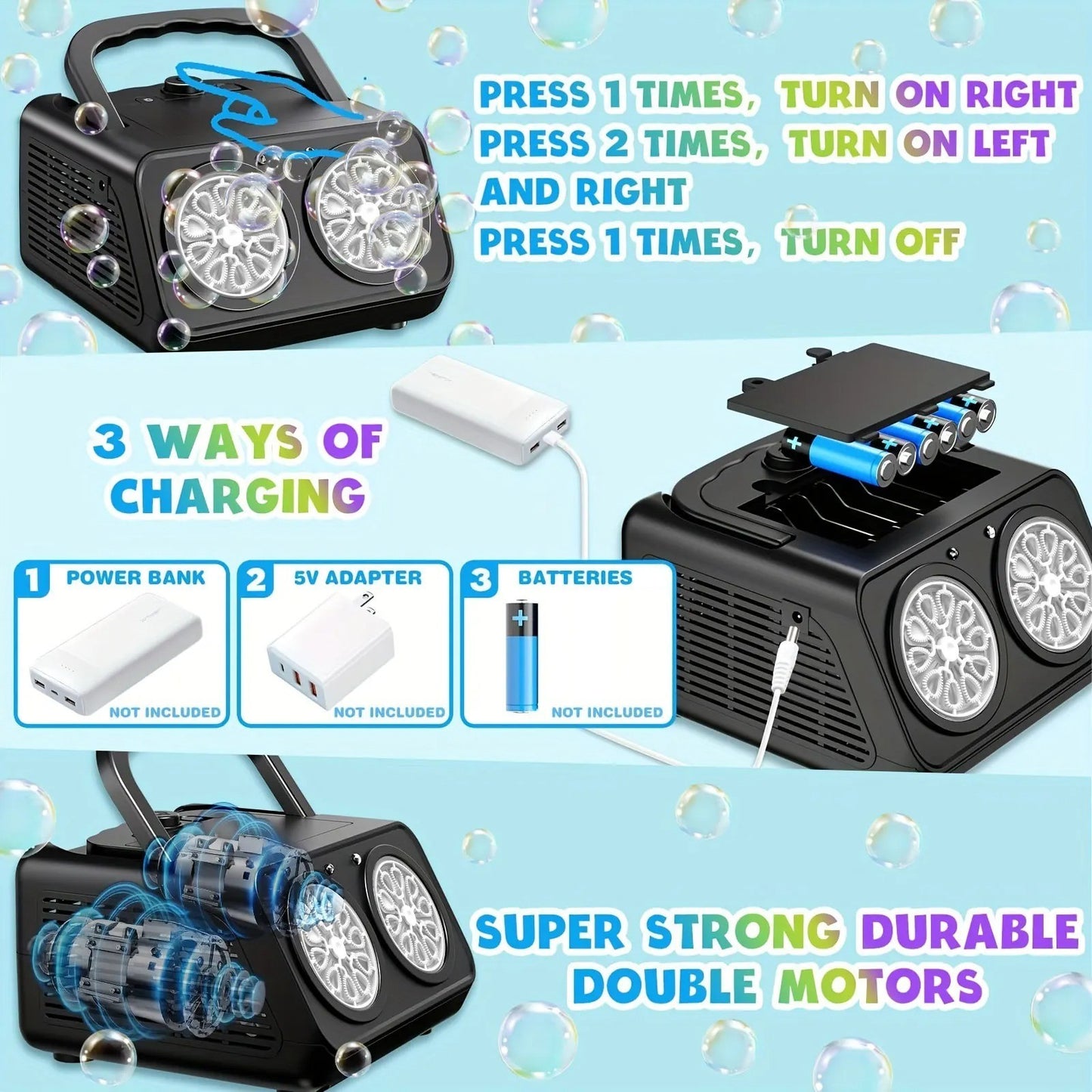Automatic Bubble Machine Upgrade Bubble Blower w/2 Fans, Portable Bubble Maker