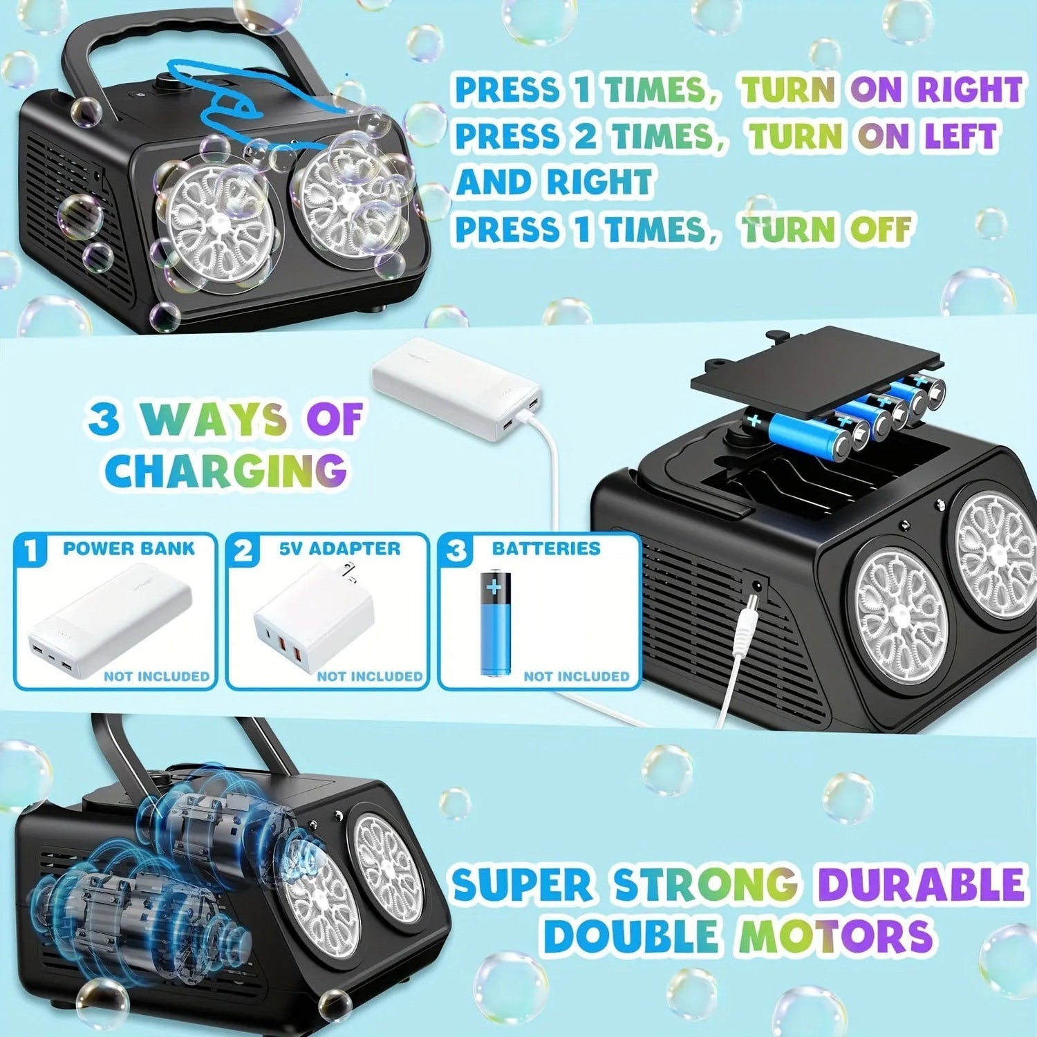 Automatic Bubble Machine Upgrade Bubble Blower w/2 Fans, Portable Bubble Maker