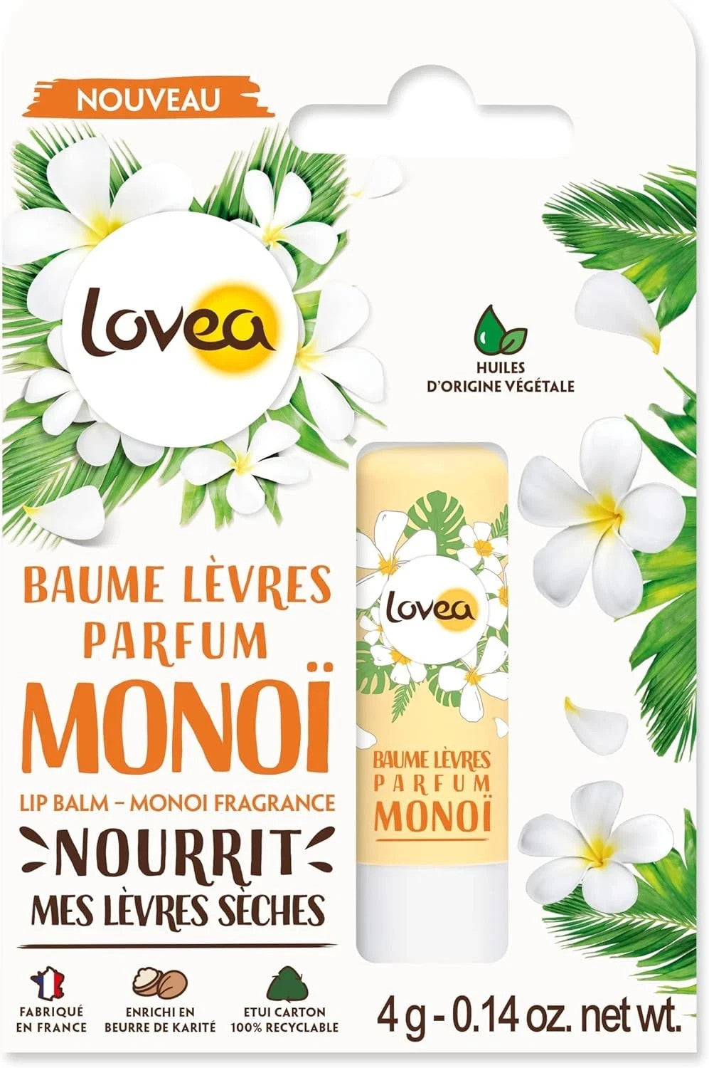 LOVEA - Baume À Lèvres - Parfum Monoï - Apaise, Nourrit & Adoucit -