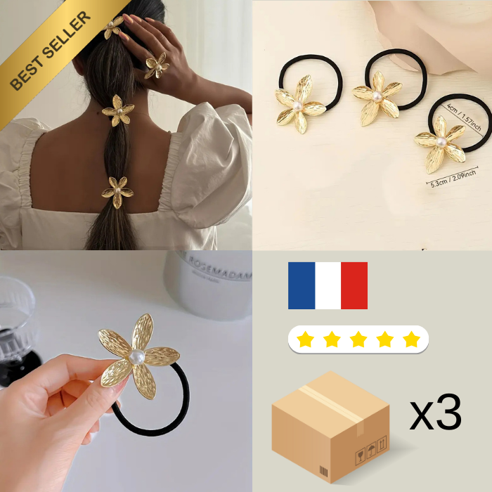Lot de 3 Élastiques à Cheveux Élégants avec Fleurs Dorées, cheveu coiffure métal