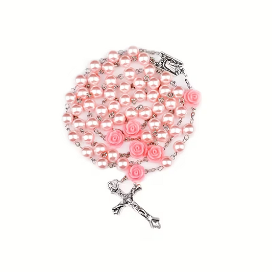 Chapelet première communion baptême religieux rose blanc pearl collier cadeaux