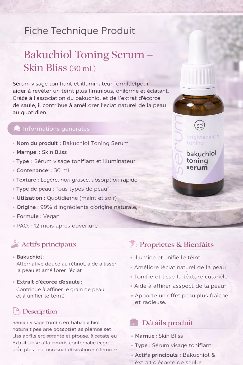 Skin Bliss Bakuchiol sérum Illuminateur Éclat Teint et anti-âge rides 30ml