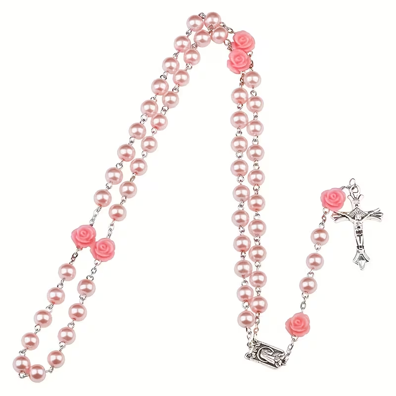 Chapelet  première communion baptême religieux rose blanc pearl collier cadeaux