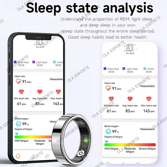 Smart health ring with crystal charging case, tracks activity, sleep & motion