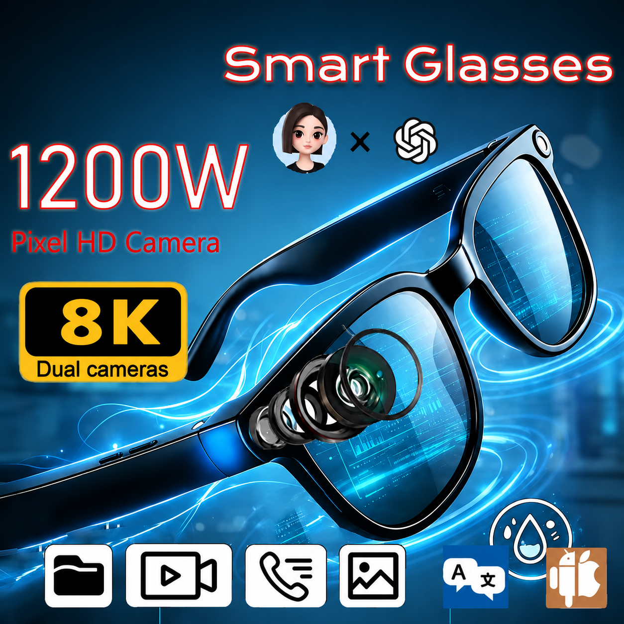 AI Smart Glasses Real-Time Translation hd Camera Image Recognition 8k HD Video