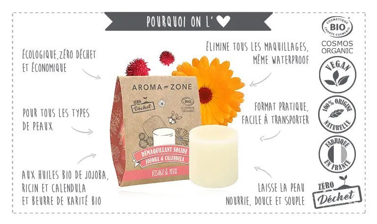 Démaquillant solide Aroma-zone Visage Et Yeux Jojoba Et Calendula Vegan 100 Util
