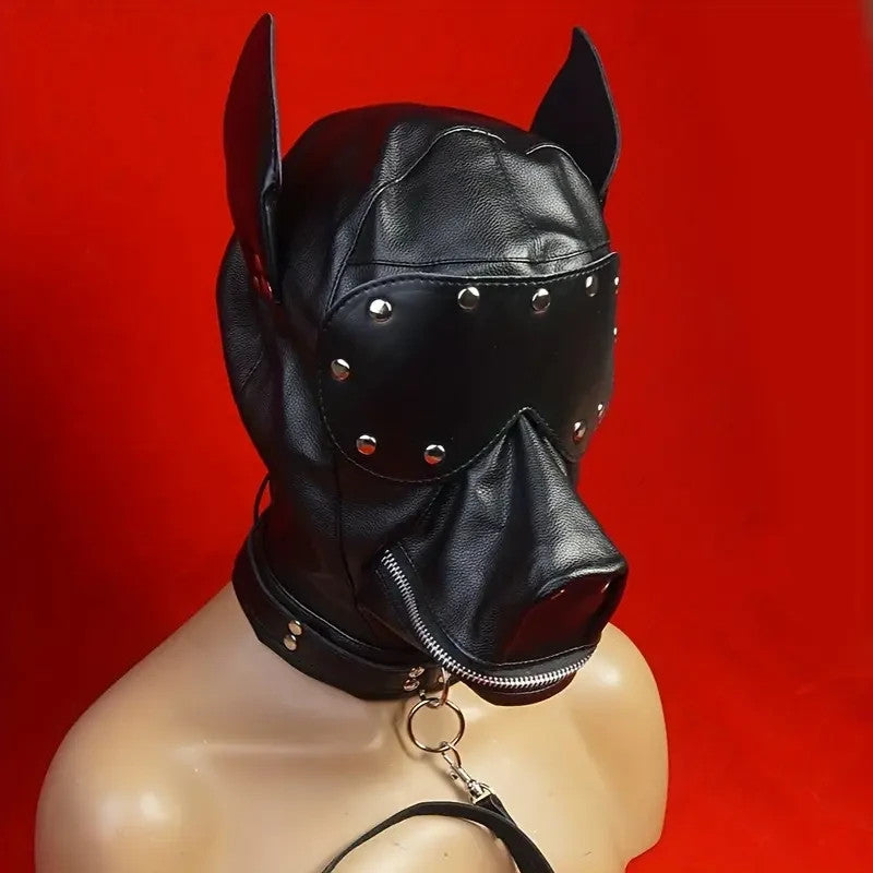 MASQUE EN CUIR SIMILI BDSM CAGOULE CHIEN JEUX FÉTICHE DOG LEATHER MASK SM