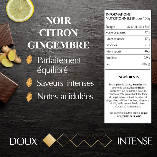 Tablette de Chocolat noir citron à la Pointe de Gingembre / LINDT de 100g