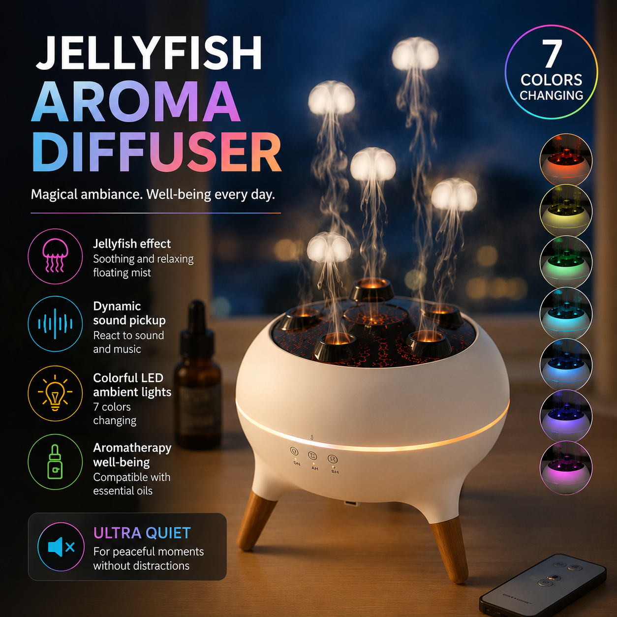 Jellyfish Air Humidifier 250ML Aroma Diffuser RGB Night Light Remote