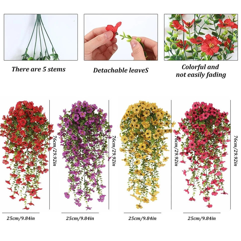 4Pcs Artificial Hanging Plastic Flowers UV Resistant Faux Plants Outdoor Decor .