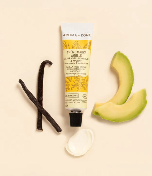 Crème Mains BIO Vanille Avocat & Acide Hyaluronique Aroma Zone Nourrit & Protège
