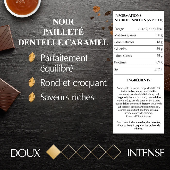 Tablette de Chocolat noir croustillant dentelle et caramel LINDT de 100g
