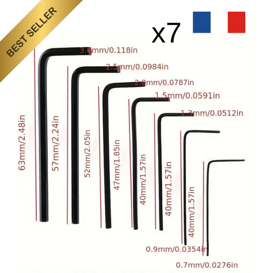 Jeu de 7 clés Allen / 0.7- 0.9 - 1.3 - 1.5 - 2 - 2.5 - 3 mm - Hexagonale / BTR