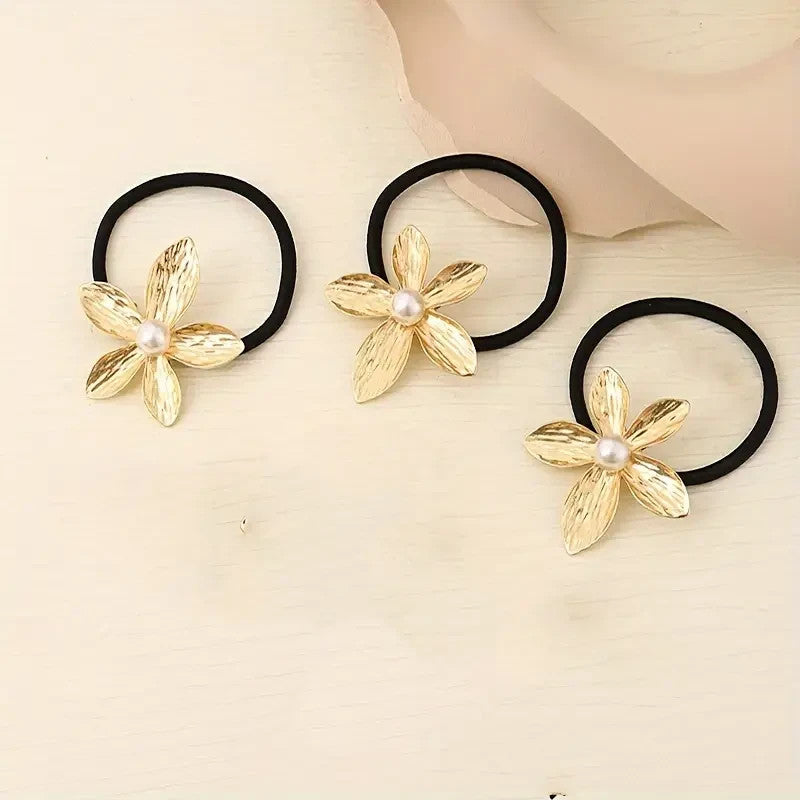 Lot de 3 Élastiques à Cheveux Élégants avec Fleurs Dorées, cheveu coiffure métal