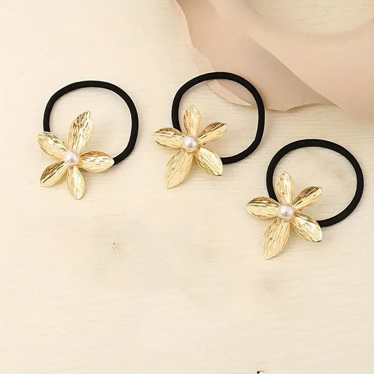 Lot de 3 Élastiques à Cheveux Élégants avec Fleurs Dorées, cheveu coiffure métal