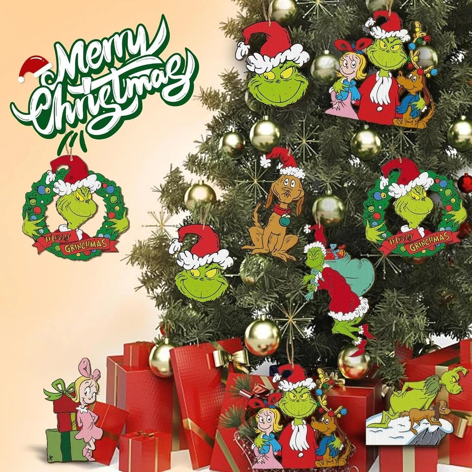 24 PCS Grinch Christmas Tree Ornaments, Hanging Xmas Grinch Wooden Decorations