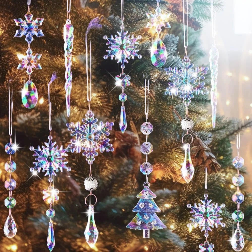 12pcs Christmas Ornaments Crystal Christmas Tree Decoration Iridescent Hanging .