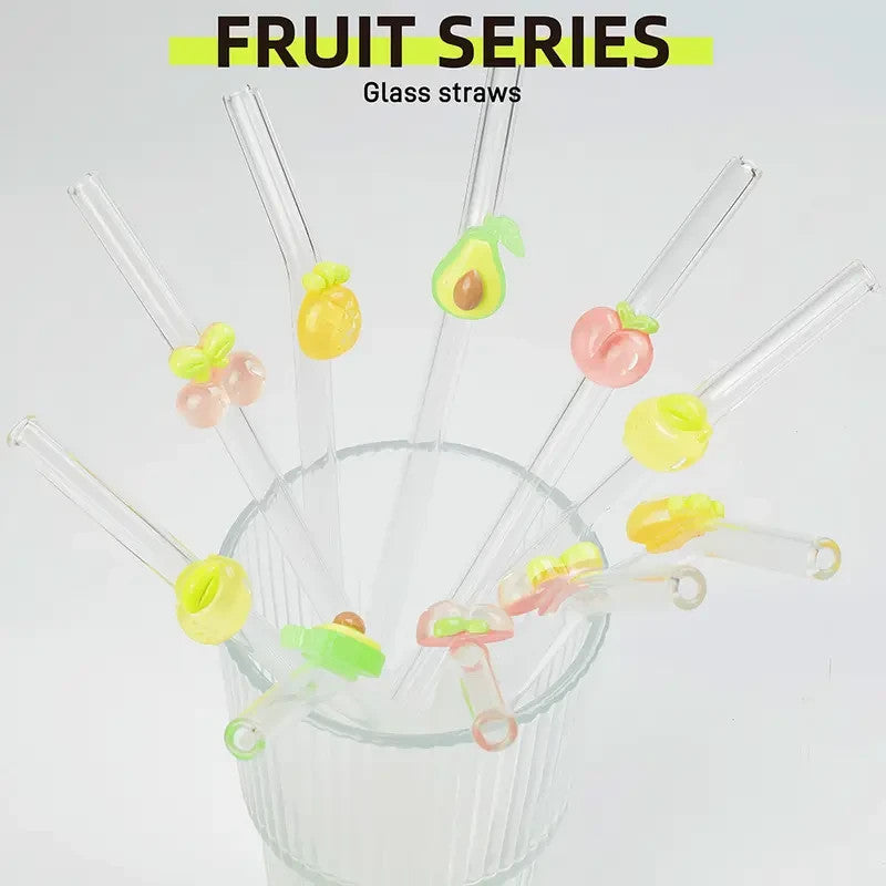 5 pailles en verre motif fruits colorés + 2 goupillons aesthétic classe