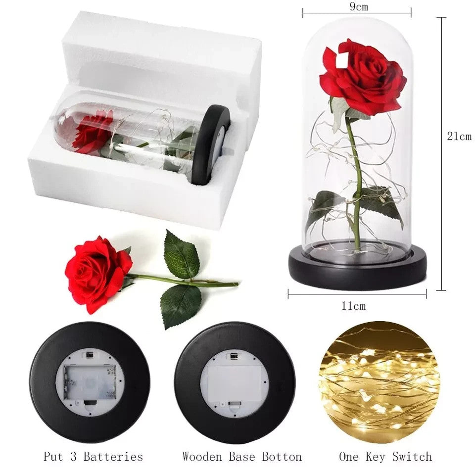 Rose Éternelle LED Durable Résistant sous Dôme Cadeau Saint Valentin Noël Mères