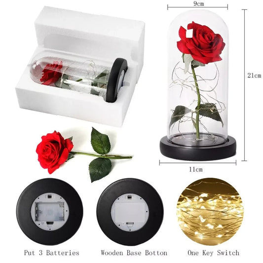 Rose Éternelle LED Durable Résistant sous Dôme Cadeau Saint Valentin Noël Mères