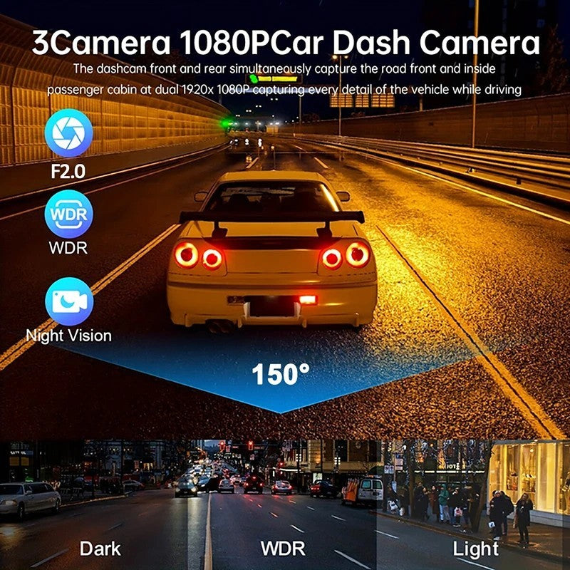 360° 3 Channel 1080P Car Dash Cam Front and Rear Inside Left Right + Camera -USA