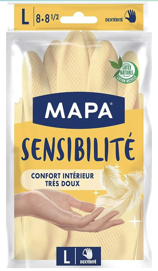 MAPA - Sensibilité, Gants de Ménage en Latex Intérieur Coton et Soie Large L