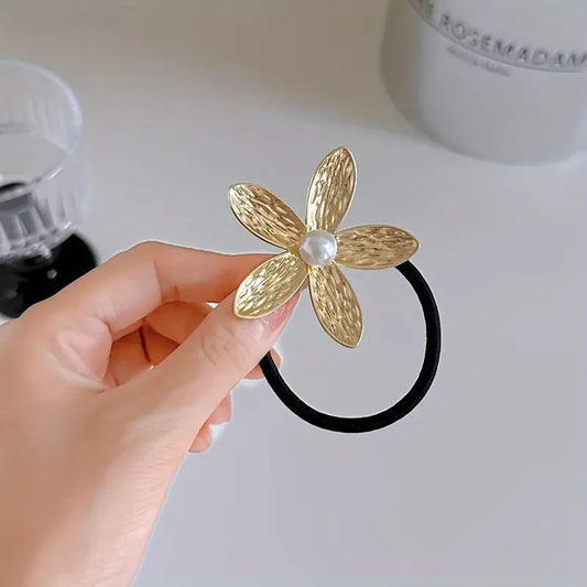 Lot de 3 Élastiques à Cheveux Élégants avec Fleurs Dorées, cheveu coiffure métal