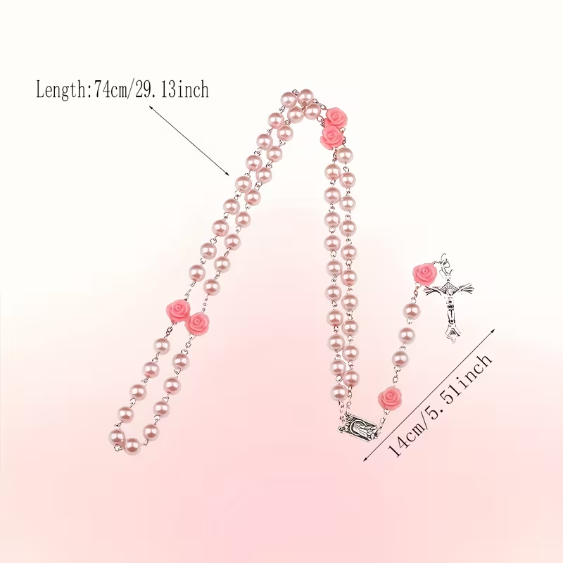 Chapelet  première communion baptême religieux rose blanc pearl collier cadeaux