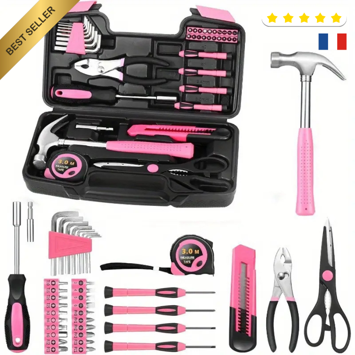Set d’Outils Rose 39 pièces pour Femmes – Petit Kit de Réparation à Domicile