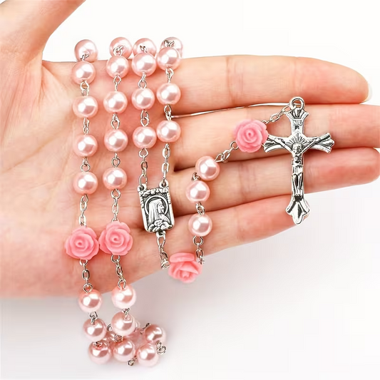 Chapelet première communion baptême religieux rose blanc pearl collier cadeaux