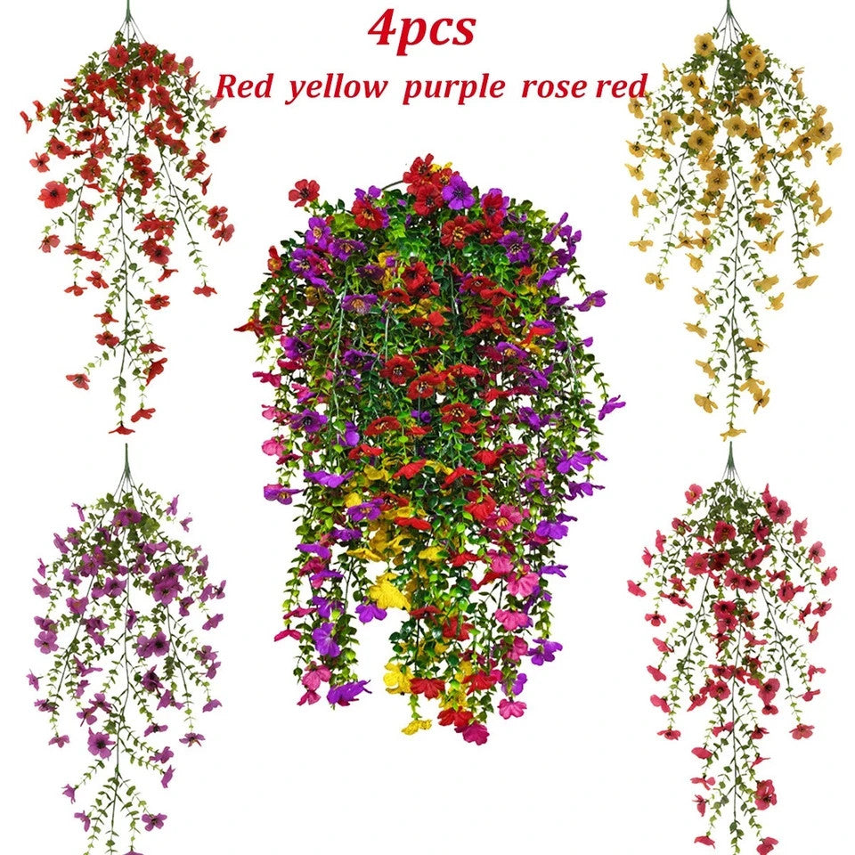 4Pcs Artificial Hanging Plastic Flowers UV Resistant Faux Plants Outdoor Decor .