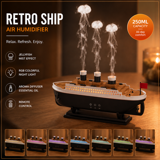 Retro Ship Jellyfish Air Humidifier 250ML Aroma Diffuser RGB Night Light Remote