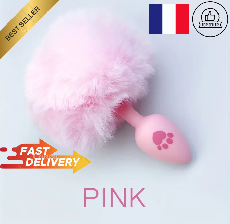 Plug anal fourrure pompom- Taille normal- couleur rose - Silicone doux - Orgasme