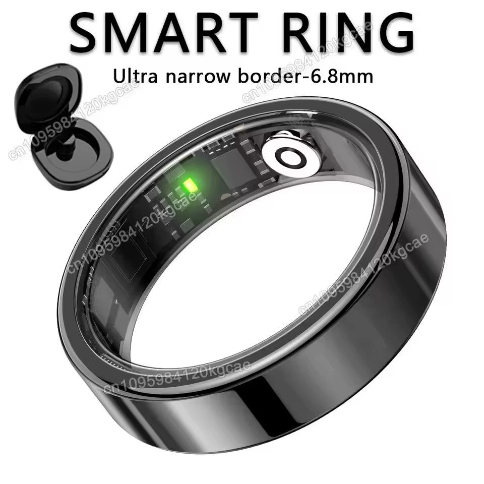 Smart health ring with crystal charging case, tracks activity, sleep & motion