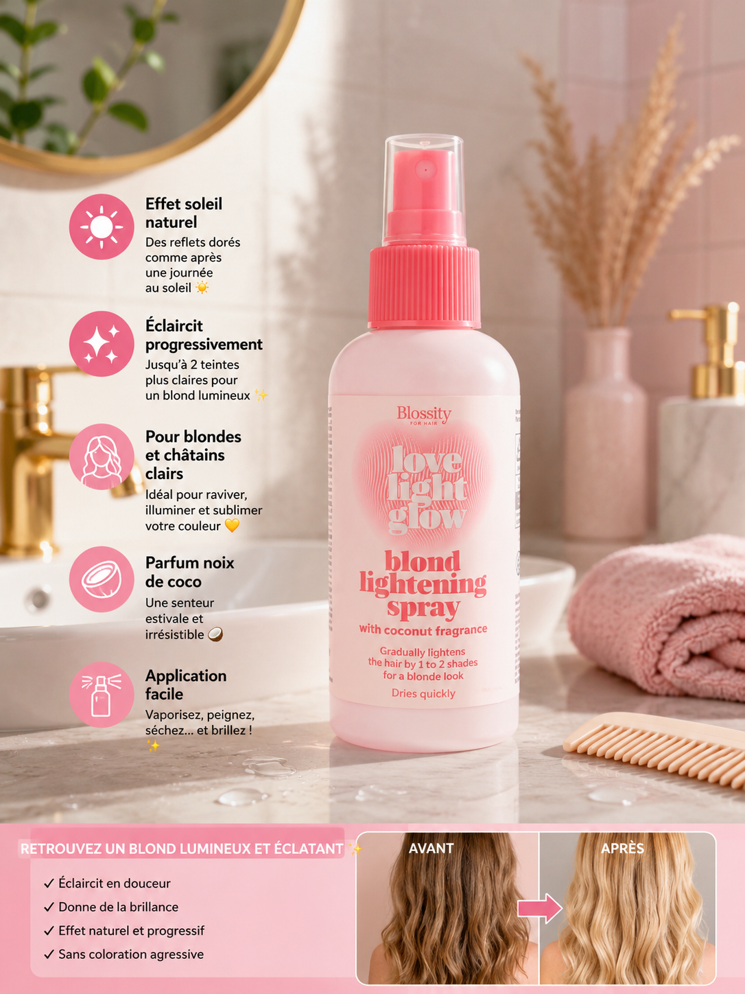 Spray éclaircissant effet soleil 100% ULTRA BLOND 150ml cheveux senteur coconut