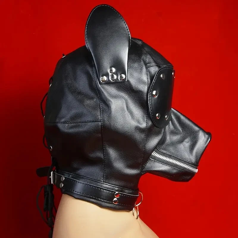 MASQUE EN CUIR SIMILI BDSM CAGOULE CHIEN JEUX FÉTICHE DOG LEATHER MASK SM
